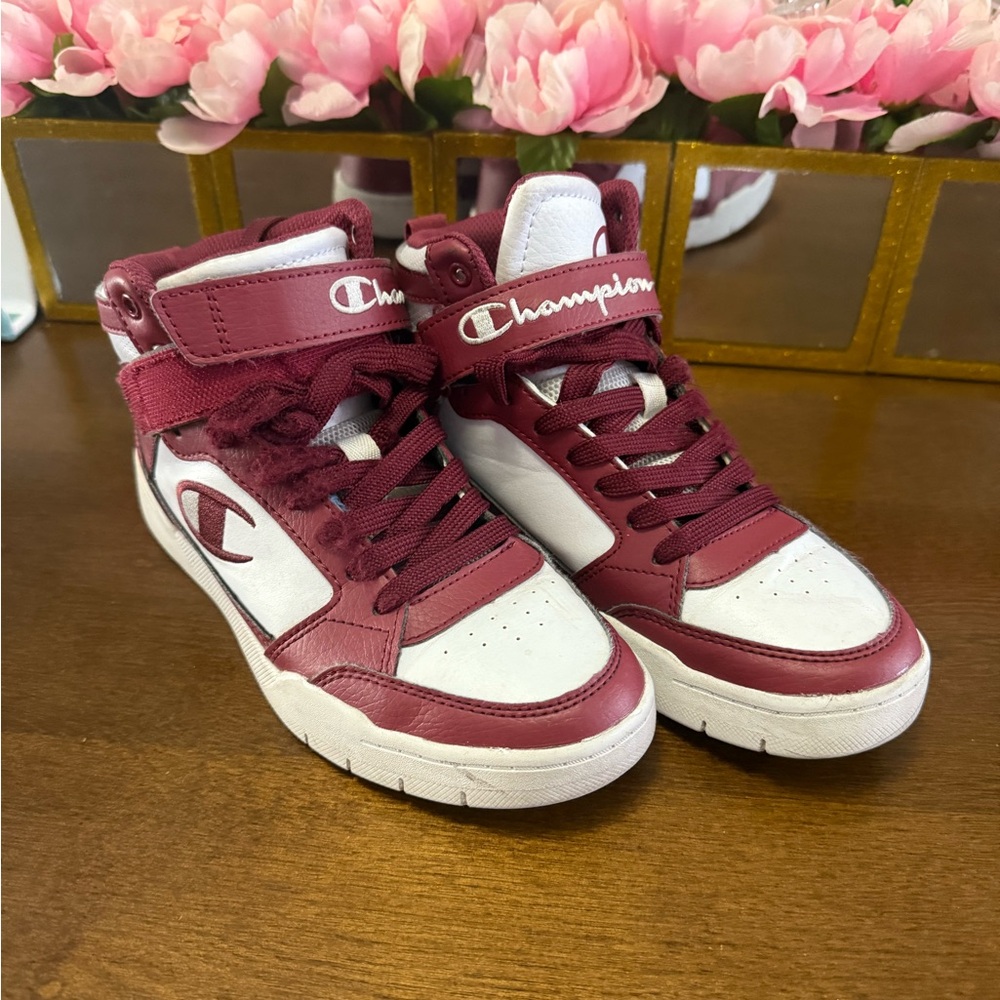 Champion Kids High-Top Sneakers - Burgundy and White